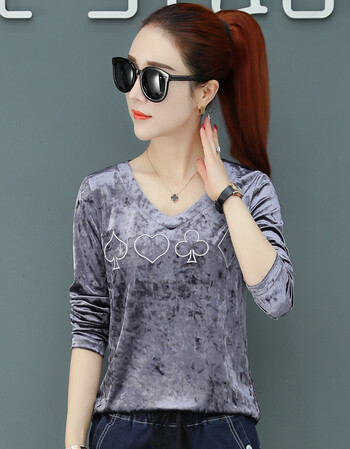 2019春装新款韩版修身v领金丝绒绣花长袖t恤女女装打底衫上衣服潮 雪