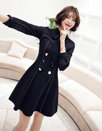 2019新款女装春装小香风假两件灯笼袖蝴蝶结系带雪纺拼接连衣裙女