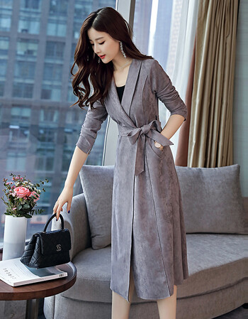 风衣女中长款韩版秋季外套新款春秋过膝鹿皮绒外套女士风衣 灰色 m