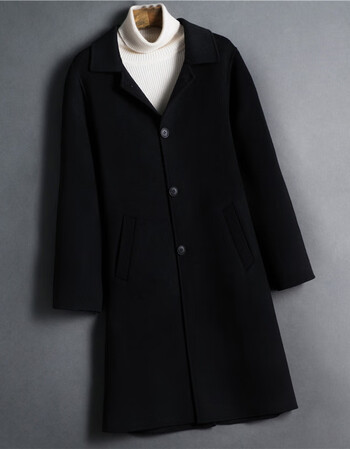 秋冬双面呢大衣男士中长款休闲英伦韩版毛呢外套羊绒呢子风衣 黑色
