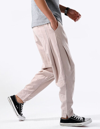 toncy中国风秋季宽松亚麻裤男棉麻料大码休闲裤长裤子薄 米色 m