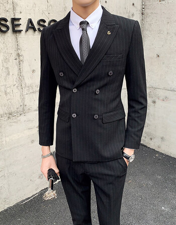 春装新款绅士条纹双排扣西服男西装上下两件装a230-ljt61 黑色 l