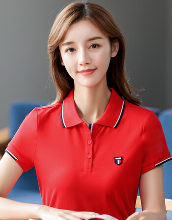 短袖t恤女2019夏装新款休闲运动有领上衣韩版纯色修身翻领polo衫 红色