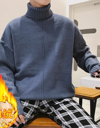 高领毛衣男青年宽松潮流套头针织线衫韩版男装外套 836加绒雾霾蓝 m