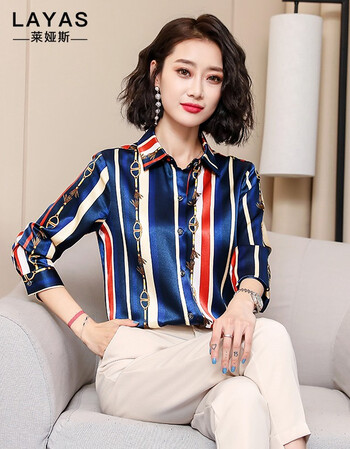 斯真丝衬衫女常规桑蚕丝长袖2019春季新品条纹时尚女装上衣 杏色 xxl