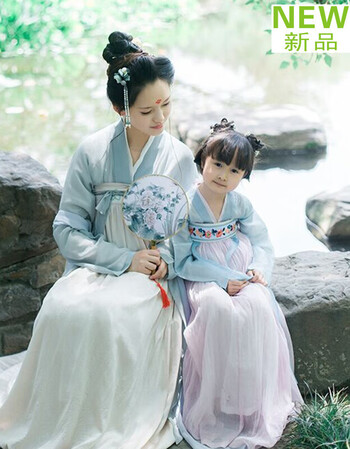 春季亲子汉服母女摄影主题齐胸襦裙日常汉服古风汉服 天蓝色 100厘米
