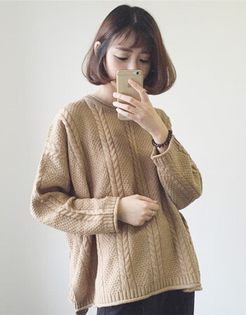 秋季女装2018新款韩版宽松复古麻花圆领粗棒针短款套头慵懒风毛衣