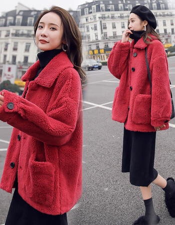 仿水绒短款外套女2019春秋新款羊剪绒厚小个子羊羔毛皮毛一体冬 红色