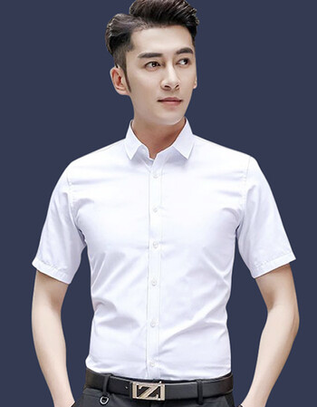 工装2019春夏新款免烫修身上班百搭男士结婚伴郎上衣 gd01纯白色短袖