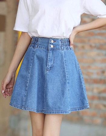 牛仔裙夏季女新款韩版学生高腰原宿风裙子松紧腰短裙半身裙 深蓝色 s