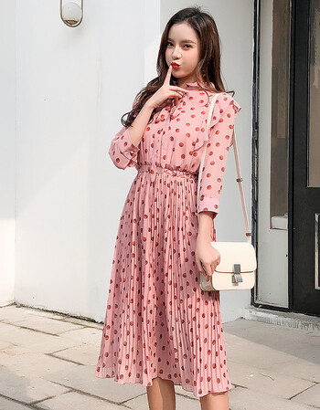【蝴蝶节】粉色波点连衣裙女夏2019新款打底雪纺中长款收腰气质春季
