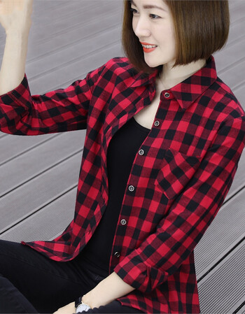 格子衬衫薄款外套2018打底衫女装休闲长袖衬衣宽松上衣服早秋 酒红色