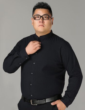 码商务休闲立领衬衫加大加肥长袖衬衣男士高弹显瘦寸衫 藏青 185/100a
