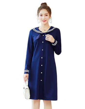 yisiweilai海军风连衣裙大码女装2018秋季新款蓝色翻领裙子中长款洋气