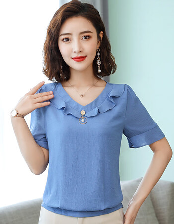 欧偲麦 雪纺衫女 短袖女装春款显瘦上衣女夏季打底衫女士小衫2019新款