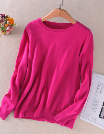 圆领毛衣女修身打底衫韩版纯色大码打底毛衣长袖套头针织衫 玫红色 m