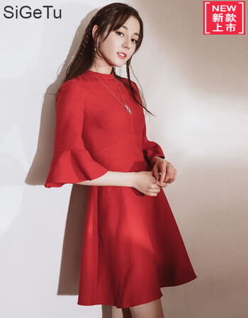 getu红色喇叭袖蓬蓬连衣裙女夏2019款迪丽热巴明星同款a字七分袖裙子