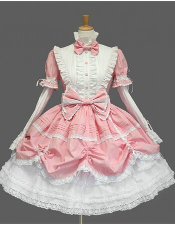 lolita哥特式褶皱接袖立领连身短裙宫廷洋装颜色可选 粉红色 m