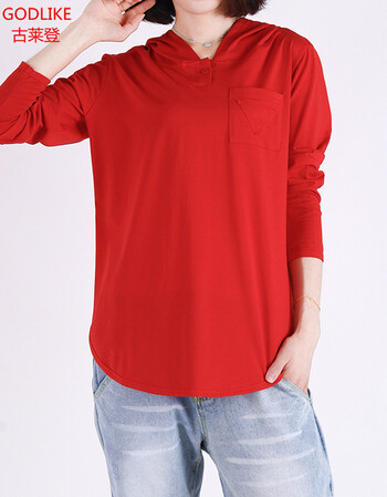 梵左纯色棉韩版显瘦长袖连帽t恤大码女装文艺口袋开叉打底衫体恤 红色