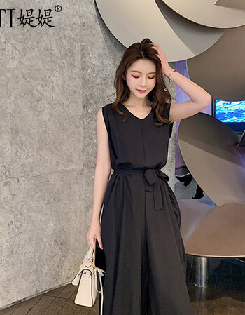 连衣裤女夏2019新款韩版无袖连体裤宽松休闲系带收腰九分阔腿裤裙
