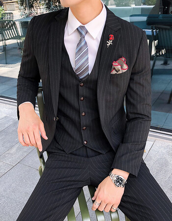 loo英伦修身双排扣西服男条纹套装商务男士西装套装两件套 黑色 54