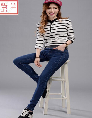 韩版春季秋季秋装松紧带紧腿牛仔裤女式长裤女款长款百搭 深蓝色 26