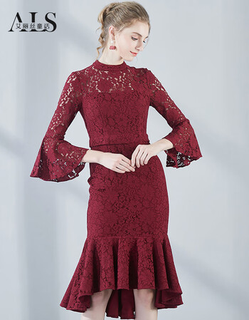 红色鱼尾连衣裙长袖春秋款圆领蕾丝复古名媛中长裙女hl149qa 暗红色 m