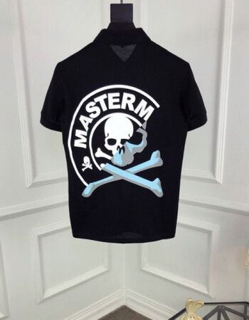 休闲潮牌商务polo衫男士2019夏季骷髅头拼接翻领衫短袖t恤保罗衫 黑色