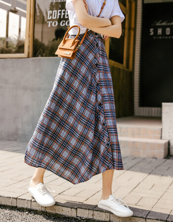 {京东优选七格格不规则a字半身裙女春装新款夏高腰显瘦中长款格子裙子