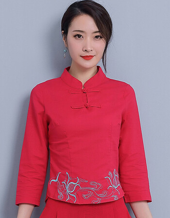 秋季女装 新款唐装上衣女2018民族风改良时尚款修身显瘦短款手绘亚麻