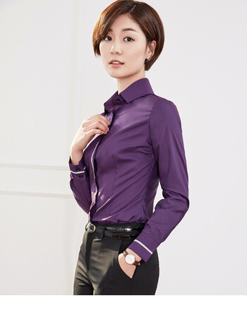衬衫女长袖正装工作服2018秋季新款时尚气质寸衫修身灰色衬衣 紫色 l