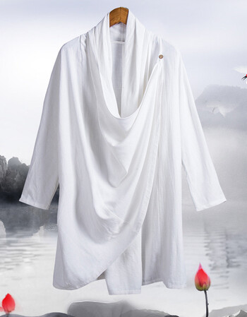 风棉麻中式改良汉服男士中长款唐装禅意僧服道袍古装居士外套 白色