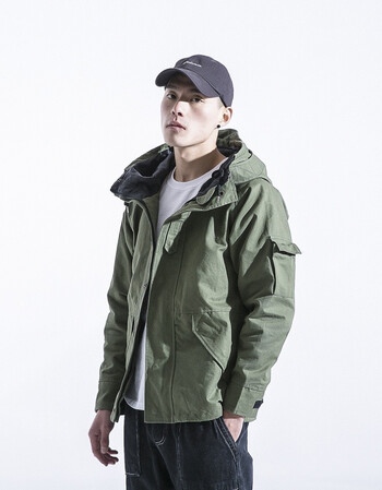 2018春装新款工装外套男 美式复古日系潮牌冲锋连帽夹克 军绿色 xl