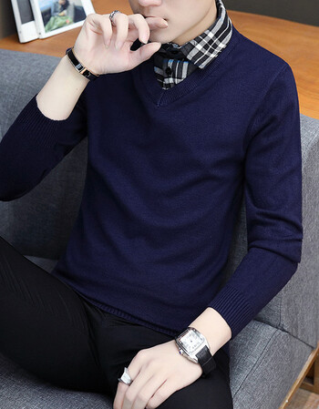 假两件男士毛衣秋天衬衫领帅气修身针织衫秋季带领男装衬衣领线衣 c01