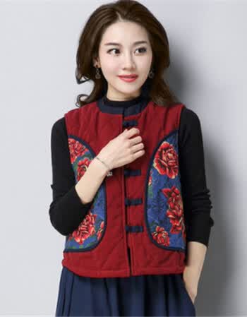 风马甲女冬短款复古中国风加厚灯芯绒唐装棉袄外套棉服背心枣红色xl