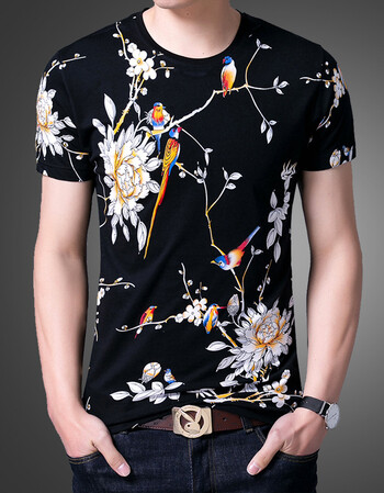 中青年男士花短袖t恤衫v领印花夏季丝光棉体恤薄款半袖透气男装潮