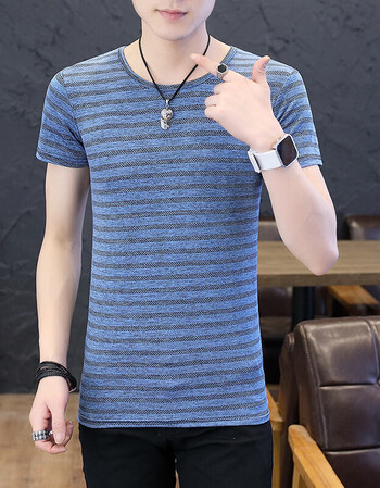 短袖男士t恤圆领修身青年条纹上衣男生潮流半袖体恤男装衣服 蓝色 xl