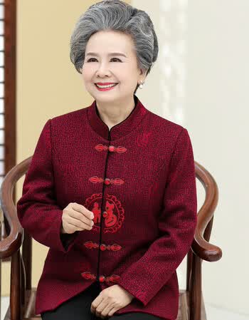 秋装女外套60-70-80岁奶奶装长袖老人衣服妈妈春秋季唐装 酒红色上衣