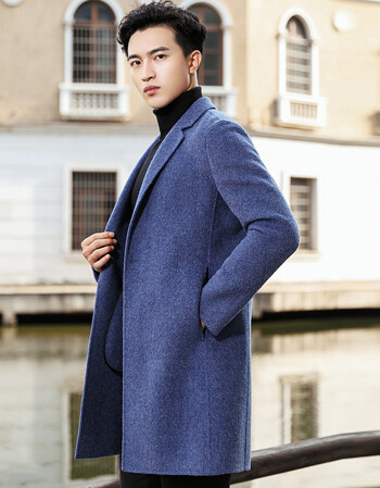 毛呢大衣秋冬新款双面呢阿尔巴卡羊毛呢子大衣韩版中长款无羊绒 蓝色