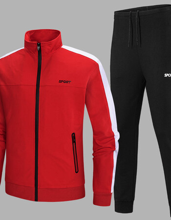 服套装男士春秋季青年纯棉透气跑步健身两件套休闲运动套装男 红色