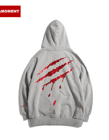suamoment一代血爪痕抓痕烫金加厚加绒帽衫卫衣 灰红 xl