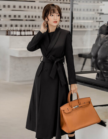 黑色风衣女中长款2018新款韩版长袖西装领气质休闲系带双排扣外套