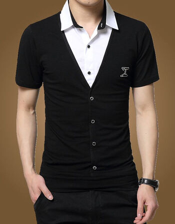 天天短袖t恤男衬衫领假两件 衣服男装半袖青年打底衫 t恤男式抖音同款