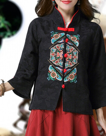 中式秋冬女装复古民族风棉麻提花刺绣上衣女九分袖短款禅茶服外套