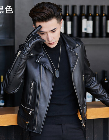 新款海宁真皮皮衣男绵羊皮西装领韩版修身机车皮夹克男外套潮 黑色