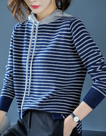 连帽针织衫女2018秋装新款韩版连针织卫衣女上衣纯羊毛衫毛衣 深蓝色