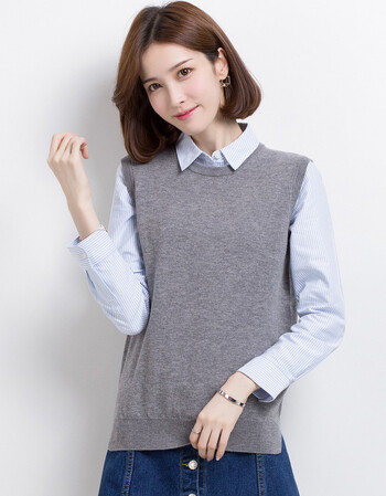 恒源祥毛衣背心女春秋新款100%纯羊毛v领针织毛线马甲无袖毛衫 中灰