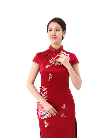 老美华津派中式传统新娘旗袍女装牡丹芳蝶恋花短袖酒红色修身短袖大襟