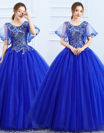 袖女金色晚礼服新款宴会长款花仙子独唱演出服蓬蓬裙影楼主题宝蓝色m