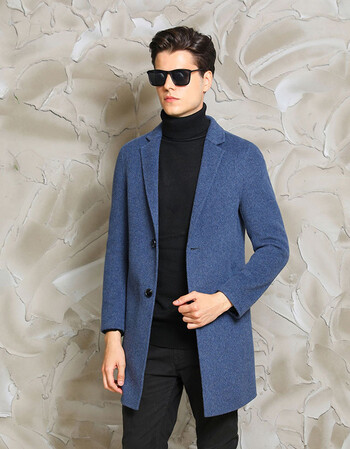 男装 2019秋冬新款成熟风纯色双面羊绒大衣男中长款毛呢大衣男 蓝色